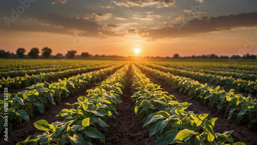 Maximizing Crop Yields, Irrigation System Ensuring Healthy Soybean Growth at Sunset