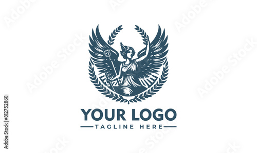 Goddess vector logo design shows the figure of the winged goddess Victoria with a wreath of the winner in her raised hand