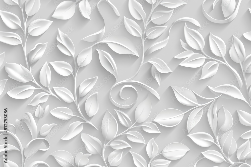 Elegant white floral background with delicate leaves and swirls. Perfect for wedding invitations or spring-themed designs