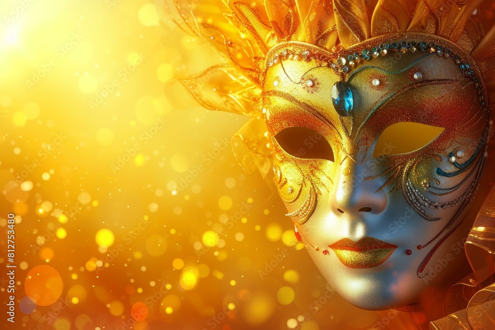 Opulent masquerade mask against a warm festive glitter backdrop