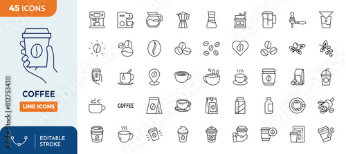 coffee line editable icon set. Contain icons related to coffee, mug, coffee cup, coffee machine, coffee beans, and more. Editable stroke. Vector illustration	