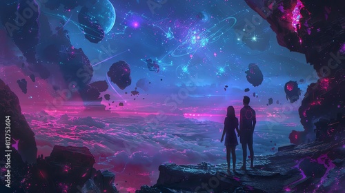 Illustrate a digital composition showcasing a couple stargazing under a sky illuminated by bioluminescent technology powered by renewable sources Enhance the futuristic feel with n