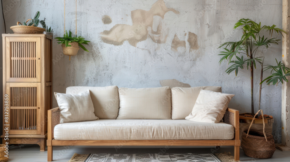Wooden sofa with beige cushions and grey plaid. Wooden cabinet, pot with plant near grey stucco wall. Boho, scandinavian interior design of modern living room, home. Wooden sofa with beige cushions and grey plaid. Wooden cabinet, pot with plant near grey stucco wall. Boho, scandinavian interior design of modern living room, home.