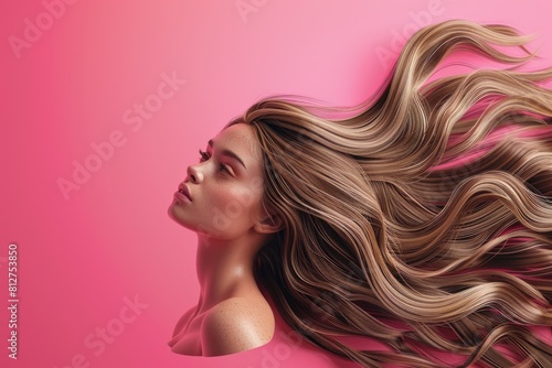 A woman with long hair posing on a pink background. Suitable for beauty or fashion concepts