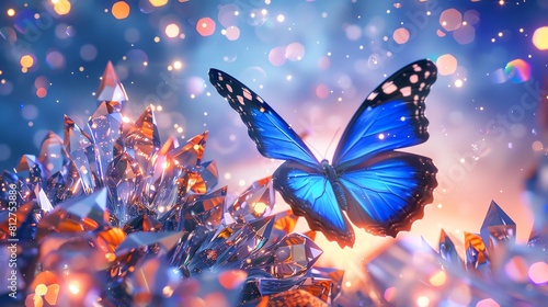 Snap a robotic butterfly mid-flight through a field of floating crystals, its wings creating kaleidoscopic patterns against a mesmerizing starlit sky