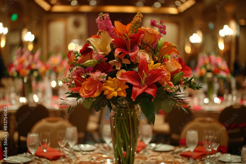Special Events: Wedding Reception Setup with Floral Centerpieces and Elegant Table Settings Special Events: Wedding Reception Setup with Floral Centerpieces and Elegant Table Settings
