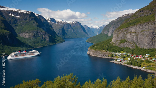 Majestic Fjord Journey, Cruise Ship Glides Through Narrow Canyon of Rock, Revealing Norwegian Wonders.