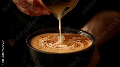 Exhibit a barista pouring a perfect latte art, the creamy swirls stark against the black background, with space for a coffee shop logo