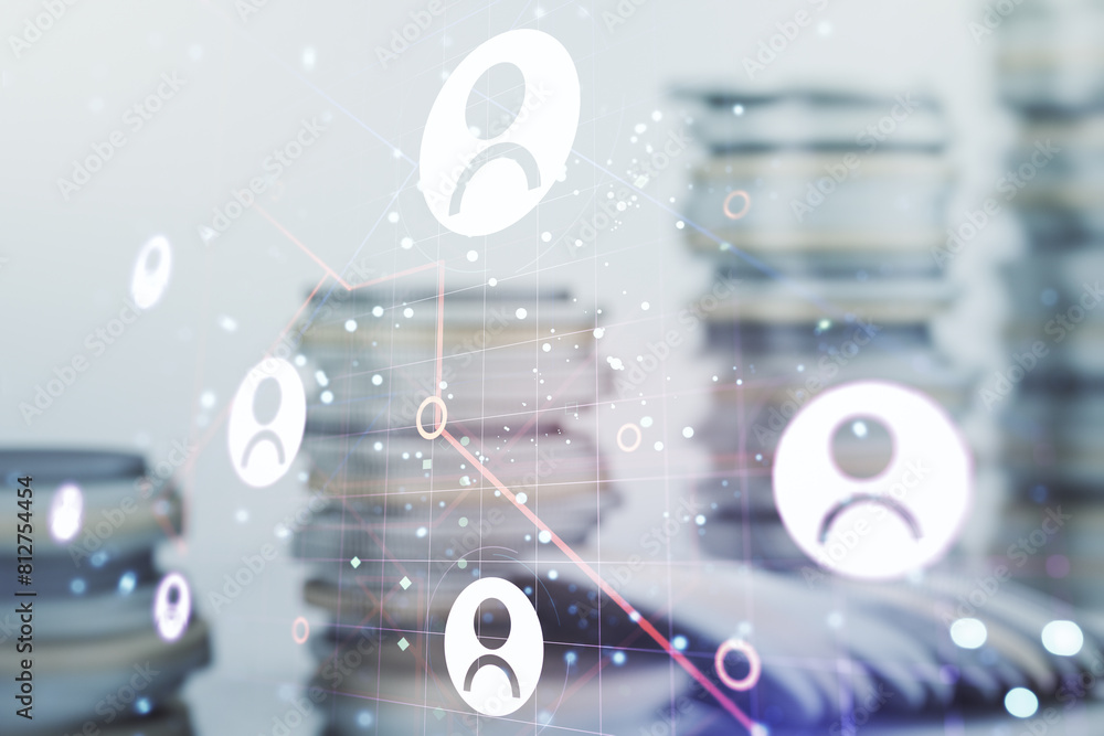Abstract virtual social network hologram on coins background. Double exposure Abstract virtual social network hologram on coins background. Double exposure