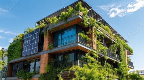 Amodern eco-friendly building with solar panels on the roof and greenery adorning the facade, illustrating the integration of sustainable design principles into architecture and construction.