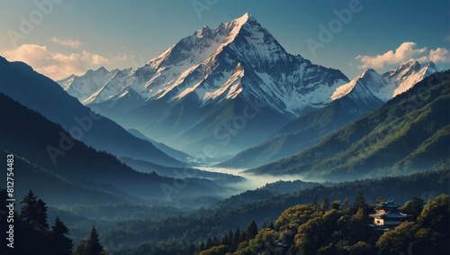 Majestic Mountain Majesty, Vector Illustration of Blue Mountain Landscape with Oriental Luxury Design.