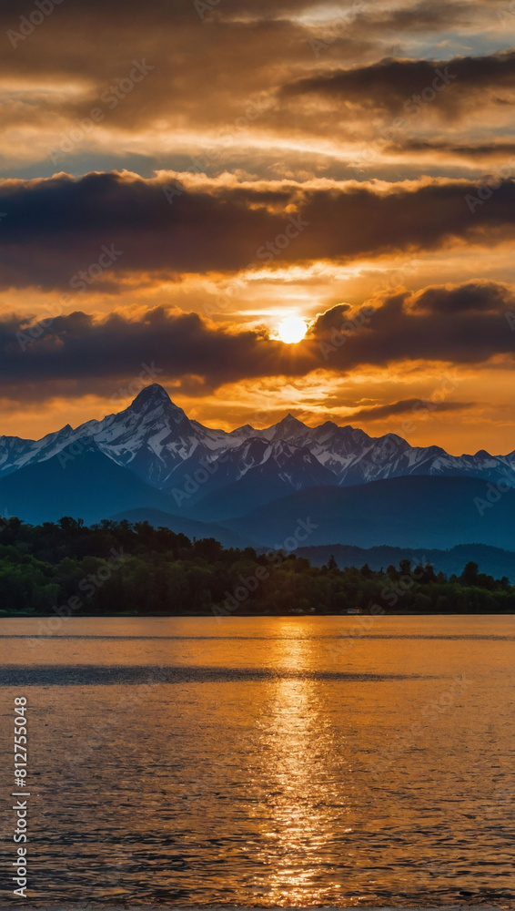 Majestic Mountain Sunset, Stunning Photo of Sun Setting Behind Peaks. Majestic Mountain Sunset, Stunning Photo of Sun Setting Behind Peaks.