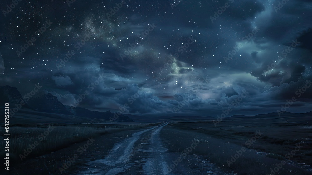 Beautiful mesmerizing night sky landscape with clouds and stars. Breathtaking grassland panorama view Beautiful mesmerizing night sky landscape with clouds and stars. Breathtaking grassland panorama view