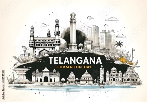 Illustration celebrating telangana formation day with famous landmarks of telangana.
