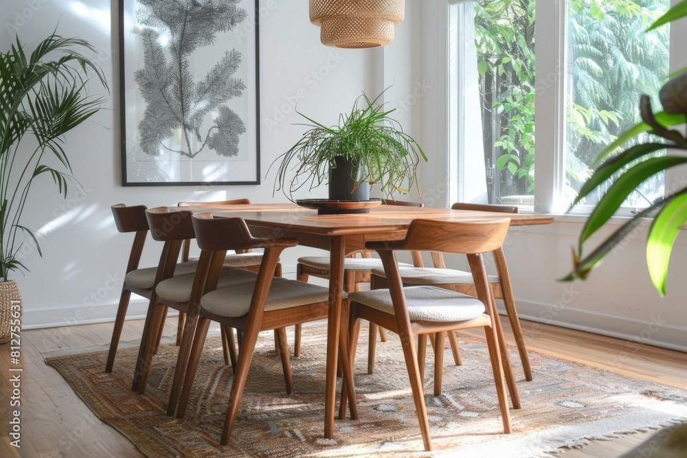 Fototapeta premium Interior Design: Minimalist Scandinavian-Inspired Dining Room with Clean Lines