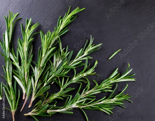 composition of rosemary sprigs on a black background