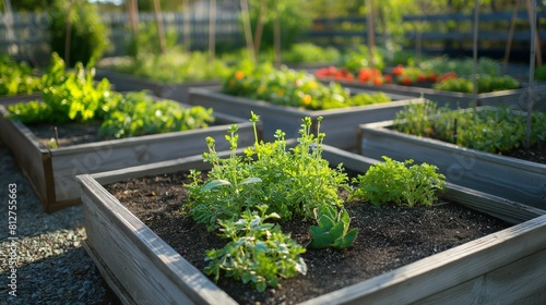 A sustainable urban garden with raised beds of organic vegetables and herbs, showcasing the benefits of growing food locally and reducing carbon emissions from transportation.