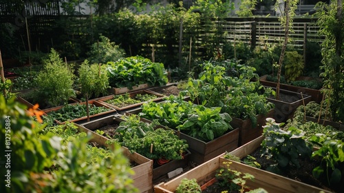 A sustainable urban garden with raised beds of organic vegetables and herbs, showcasing the benefits of growing food locally and reducing carbon emissions from transportation.