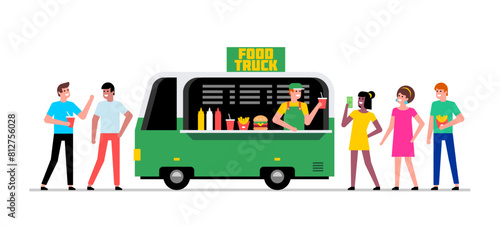 Food Truck. Kiosk vendor. People walking and buying snacks. Street food truck. Side view