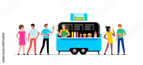 Food Truck. Kiosk vendor. People walking and buying snacks. Street food truck. Side view