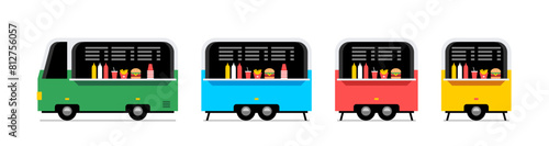 Set of Food Trucks. Fast food truck city car. Street food truck. Side view