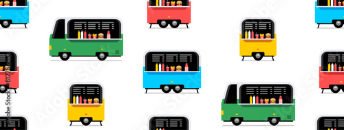 Seamless pattern with Food Trucks. Fast food truck city car. Street food truck. Side view