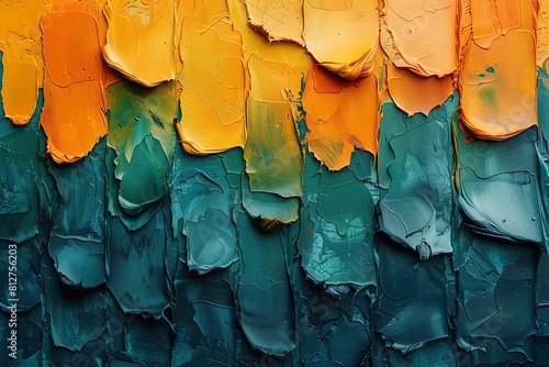abstract background of acrylic paint in green, orange and yellow colors.