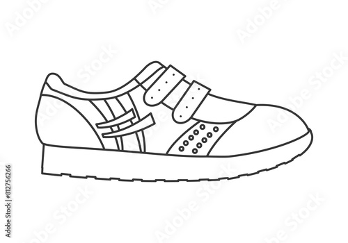 Sneakers with clasps and round studs on side, fashion footwear line icon vector illustration