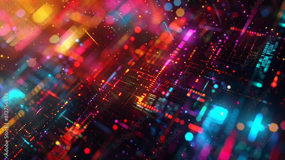 A colorful image of a cityscape with many bright lights and dots. The image is abstract and has a futuristic feel to it