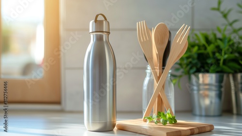 reusable stainless steel water bottle and eco-friendly bamboo utensils, emphasizing the importance of reducing single-use plastic waste for a greener planet. photo
