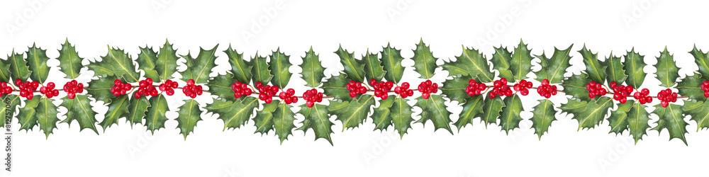 Christmas seamless horizontal border, frame of holly branches with red berries. Illustration with watercolor and marker. Hand drawn isolated art. Decor for the winter holidays for the New Year Christmas seamless horizontal border, frame of holly branches with red berries. Illustration with watercolor and marker. Hand drawn isolated art. Decor for the winter holidays for the New Year