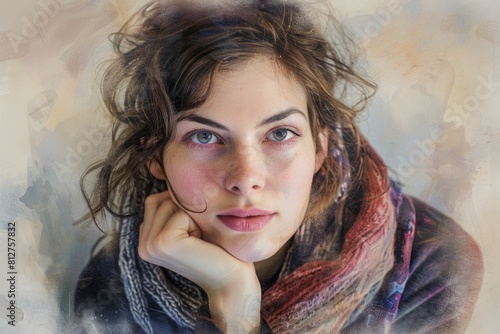 A woman wearing a scarf around her neck. Suitable for fashion and winter themed designs photo