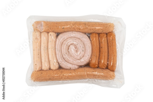 Sausages in vacuum plastic packaging isolated on white background. Vacuum transparent packaging with fresh sausages. A pack of sausages in a vacuum foil isolated.