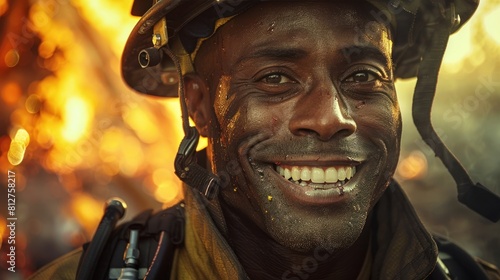 Firefighter s Courageous Smile Emblems of Bravery and Heroism Amid Perilous Flames photo