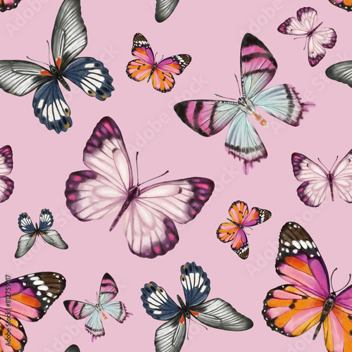 Cute butterflies hand drawn watercolor seamless pattern. Animalistic design raster texture. Beautiful  creatures wallpaper design