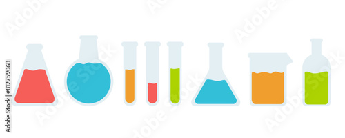 Vector set of glass test tubes with multi-colored liquid reagents isolated on white background. Laboratory test tubes. Medical scientific research. Sticker tubes