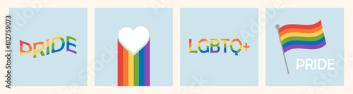Vector set of greeting cards for LGBTQ Pride Month. Poster with LGBT rainbow flag, heart and love. Gay parade. Flat style Illustration.