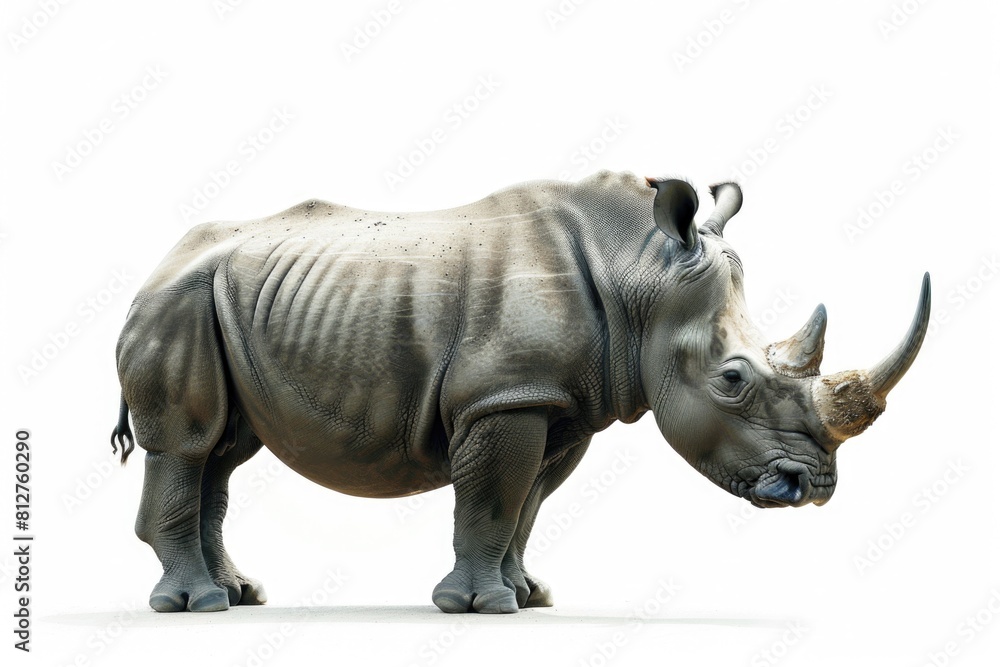Fototapeta premium A powerful rhino standing majestically on a white background. Perfect for wildlife or animal-themed projects