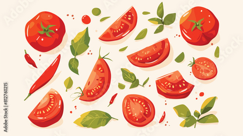 Fototapeta Naklejka Na Ścianę i Meble -  A sketched composition of ripe tomato slices and ba
