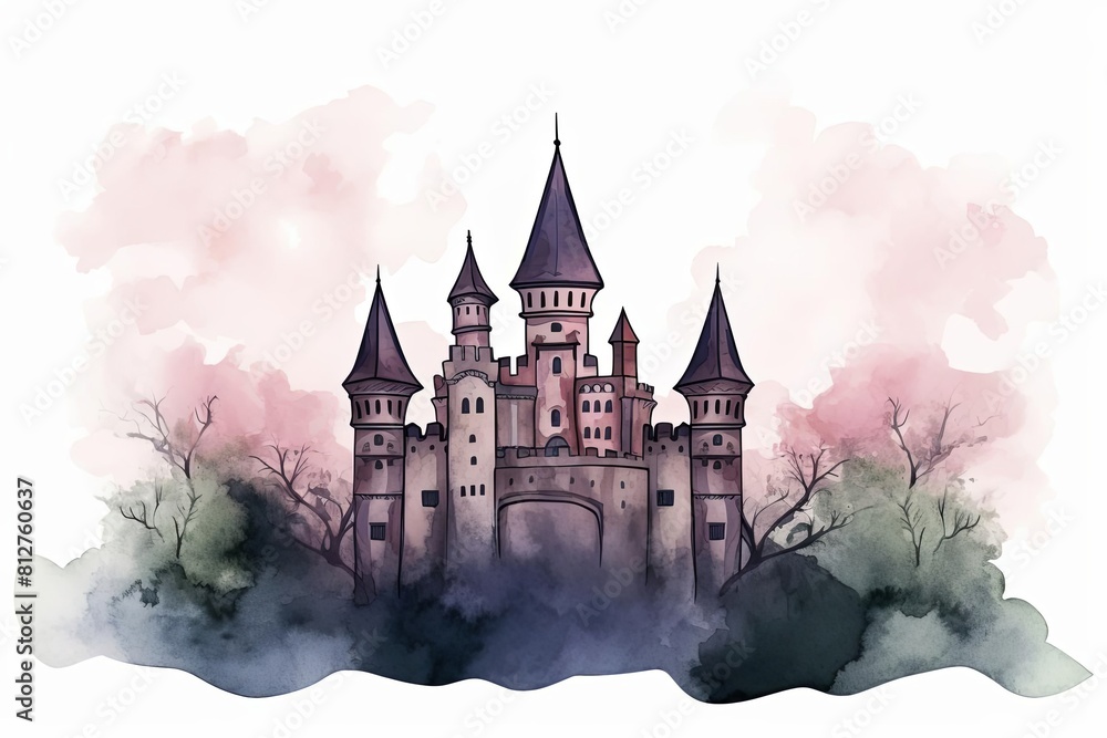 A beautiful watercolor painting of a fairytale castle. The castle is surrounded by a forest and there are mountains in the background. The sky is a gradient of pink and purple. A beautiful watercolor painting of a fairytale castle. The castle is surrounded by a forest and there are mountains in the background. The sky is a gradient of pink and purple.