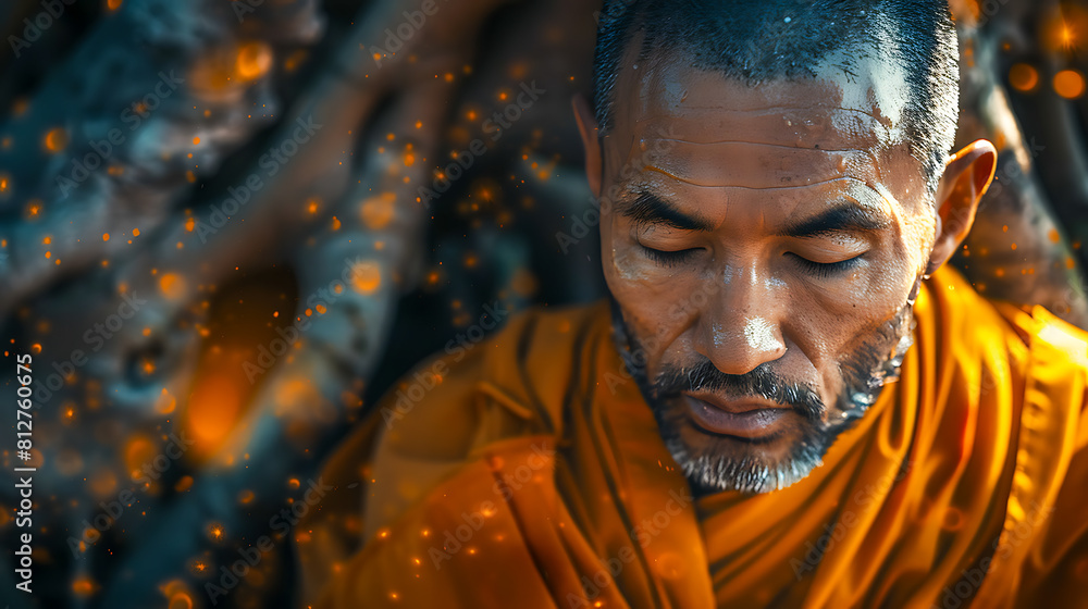 Monk in Meditation with Glowing Lights Monk in Meditation with Glowing Lights