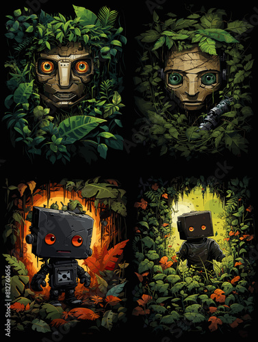Surreal jungle artwork featuring mysterious robotic and humanoid faces hidden within lush green foliage, blending nature, technology, and fantasy in an artistic composition