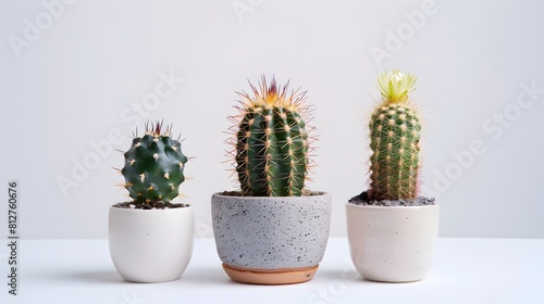 Various small cactus houseplants Home decor concept. isolated on white background. Plant on home office desk Decorative. 