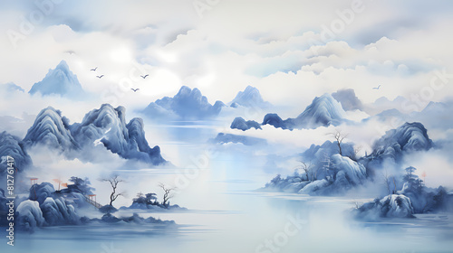 blue and white mountain clouds chinese painting