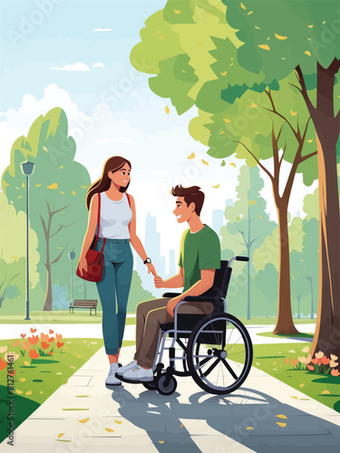 Young guy in a wheelchair walks with a girl in the green summer park, they talk and hold hands vector illustration