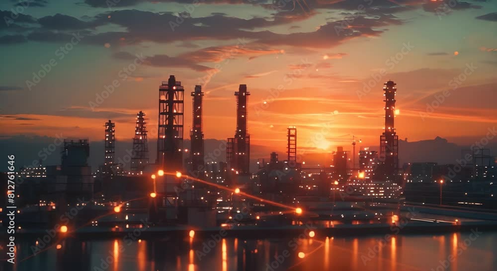 This striking image depicts a complex interconnected supply chain tracking system powered by blockchain technology The cityscape in the background suggests an urban industrial setting with This striking image depicts a complex interconnected supply chain tracking system powered by blockchain technology The cityscape in the background suggests an urban industrial setting with