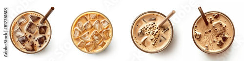 set of glass of ice coffee isolated on transparent background from top view  photo