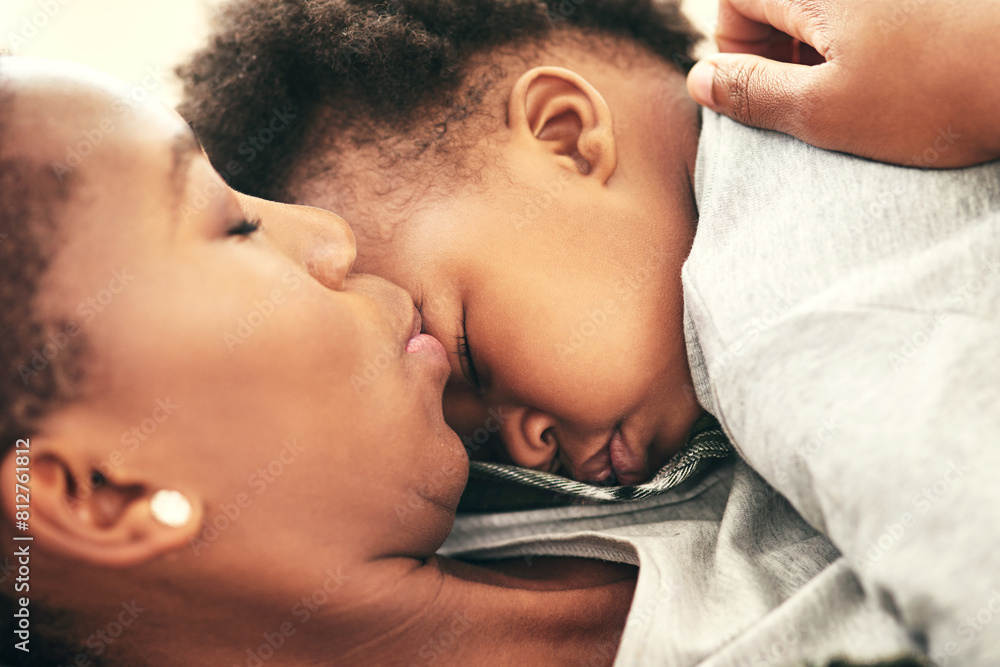 Mother, baby and sleeping in closeup for bonding or security, love and peace with trust. Black woman, child and tired with relax for wellness or growth, care or together for development with newborn Mother, baby and sleeping in closeup for bonding or security, love and peace with trust. Black woman, child and tired with relax for wellness or growth, care or together for development with newborn