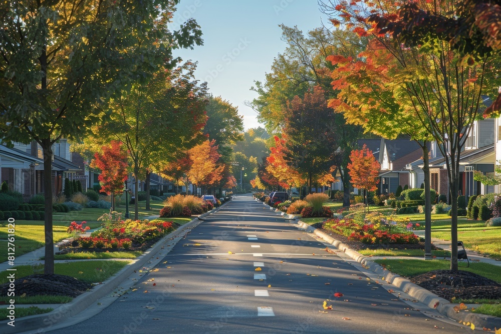Landscaping, Suburban Residential Street with Tree-lined Median and Sidewalks Landscaping, Suburban Residential Street with Tree-lined Median and Sidewalks