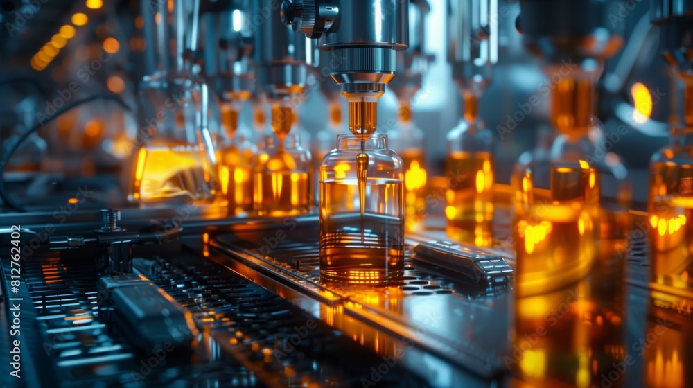 Bottles are being processed and moved along a conveyor belt in a factory setting Bottles are being processed and moved along a conveyor belt in a factory setting